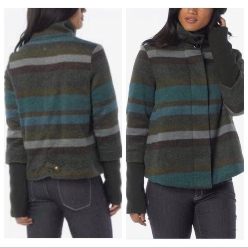Prana XS Green Blue Plaid Wool LILY Jacket Knit Winter Layering Fall‎ Autumn
